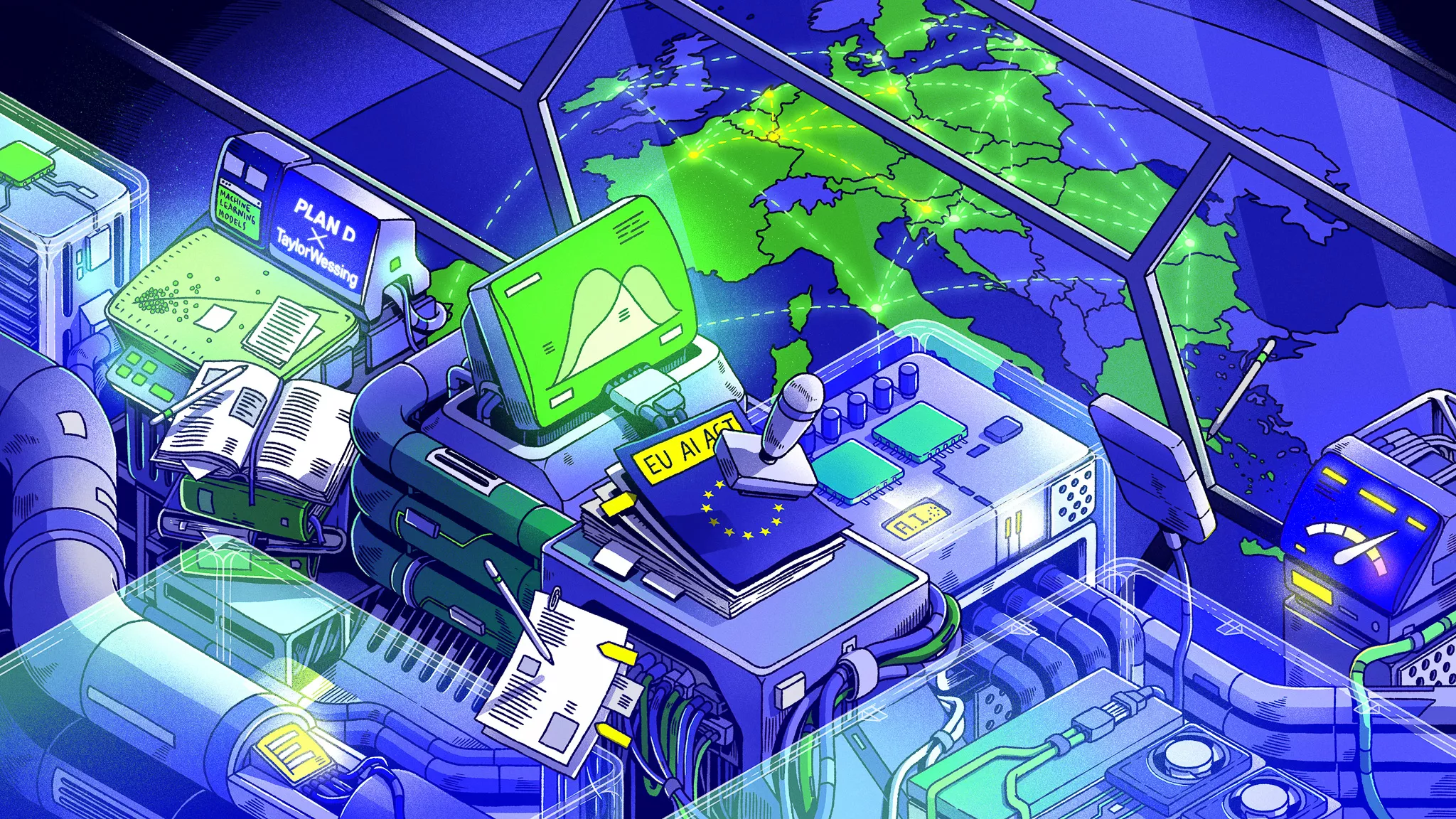 A blue picture with green elements. You can see machines, tubes, cables and documents, some of which are stamped. 